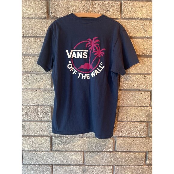 Vans "Off The Wall" Navy T-Shirt Medium Slim Fit 100% Cotton Pink Palm Graphic F - Picture 4 of 6